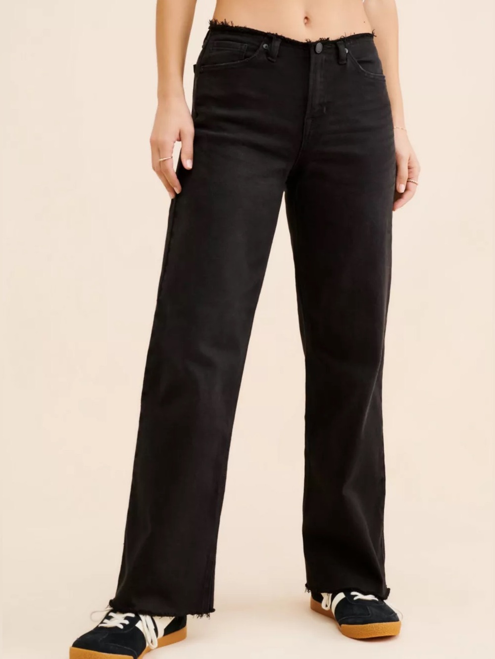 Just Black Denim Frayed Waistband Slouchy Wide Leg Jeans | Black | Women’s 26